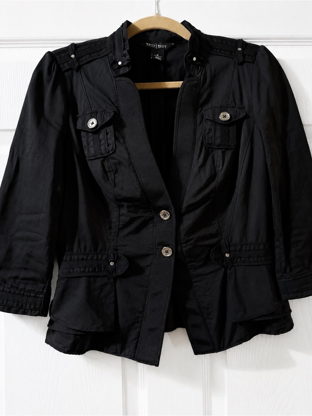 White House Black Market fitted black military utility jacket rivet bow details - Picture 4 of 10